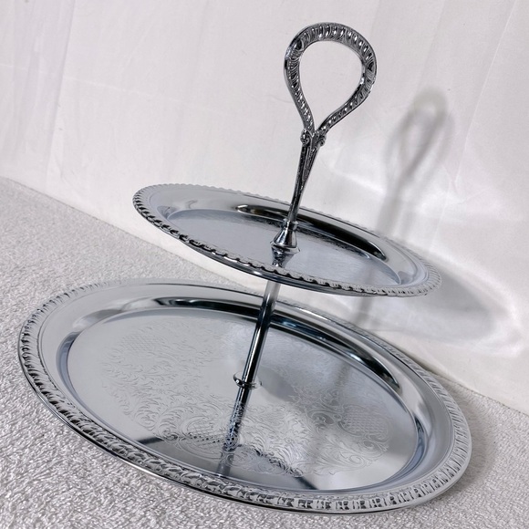 Vintage Irvinware Silver Tone Two Tier Serving Tray W Handle - Picture 1 of 16